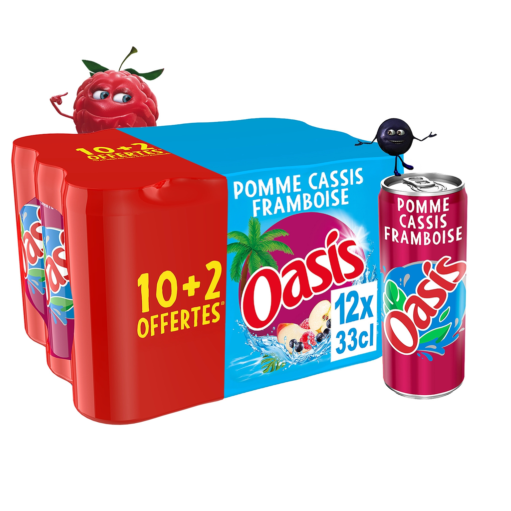 OASIS Fruit Drink Apple Blackcurrant Raspberry pack of 12 cans