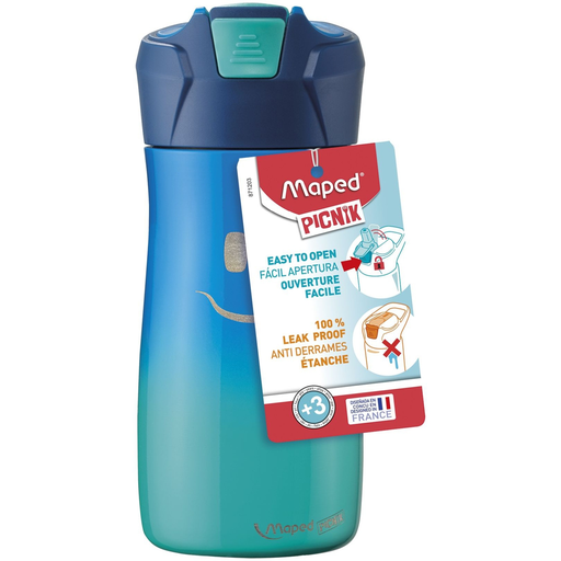 [3154148712039] MAPED Gourde enfant en inox bouton automatique, système de pipette, étanche bleu 430 ml