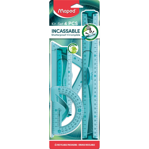 [3154148971115] MAPED Set de traçado 2 réguas (15 e 30cm) + esquadro 60° + transferidor plástico inquebrável, O kit