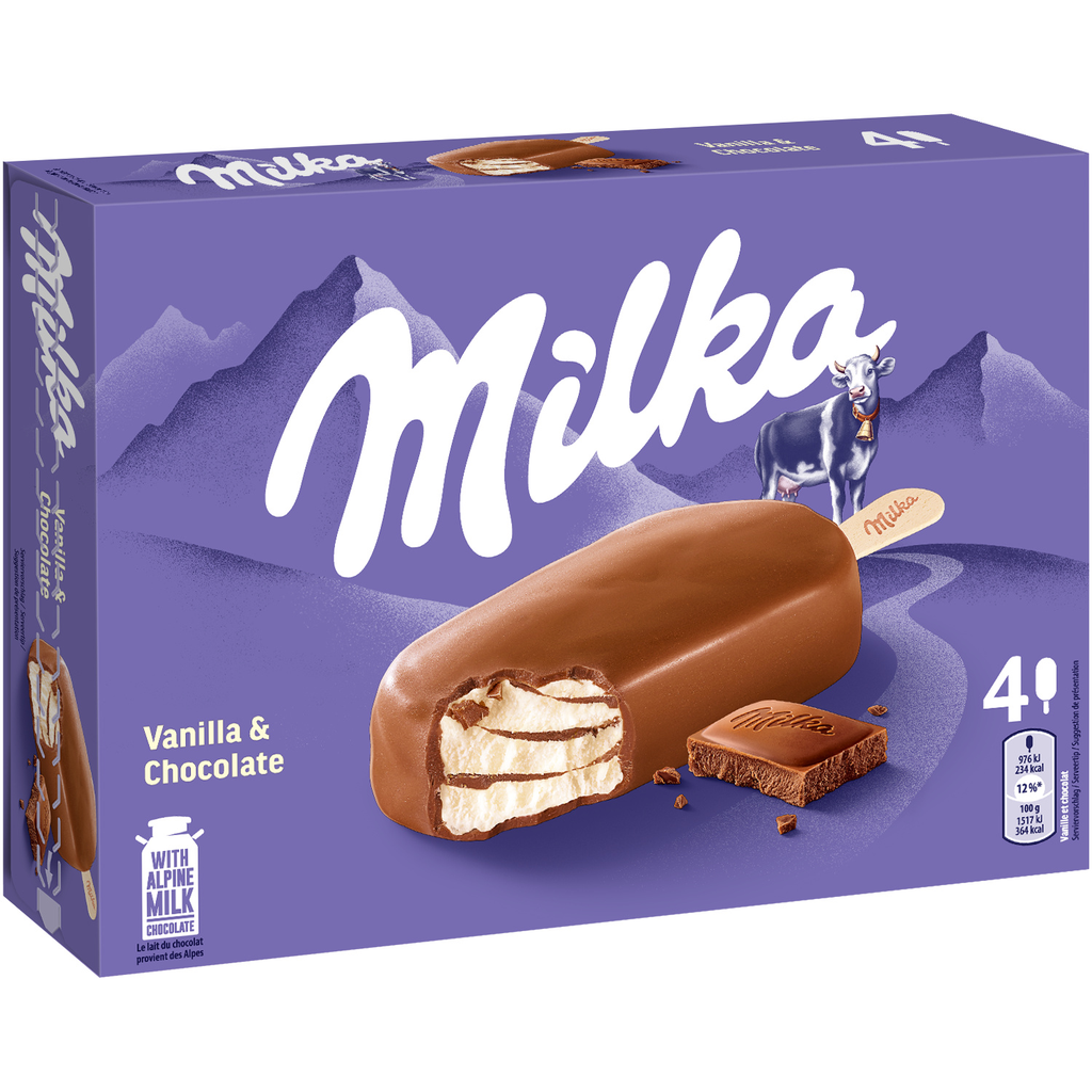 MILKA Bâtonnets glacés vanille chocolat au lait 4 pièces 260 g