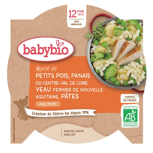 [3288131501598] BABYBIO Organic peas parsnip veal macaroni bowl 230 g