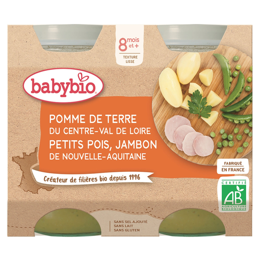 [3288131510507] BABYBIO Puré Batata Ervilhas Presunto, 2 boiões de 200 g
