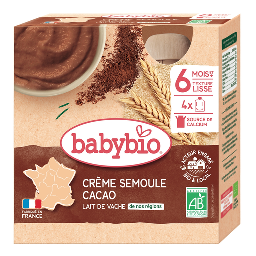 [3288131540801] BABYBIO Sobremesa creme de sêmola cacau Bio 4 saquetas de 85 g
