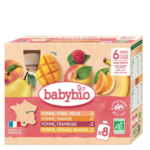 [3288131541112] BABYBIO Fruit Puree for Babies from 6 Months Multi-Flavor - 8 Pouches