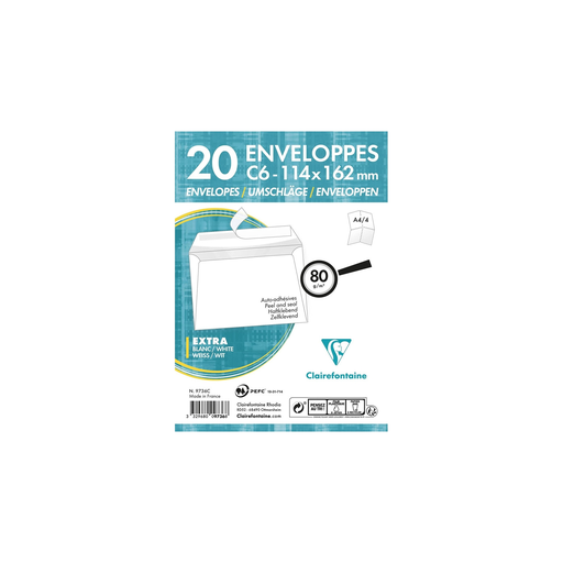 [3329680097368] CLAIREFONTAINE Enveloppes Blanches C6 114x162mm Auto-adhésives 20 unités