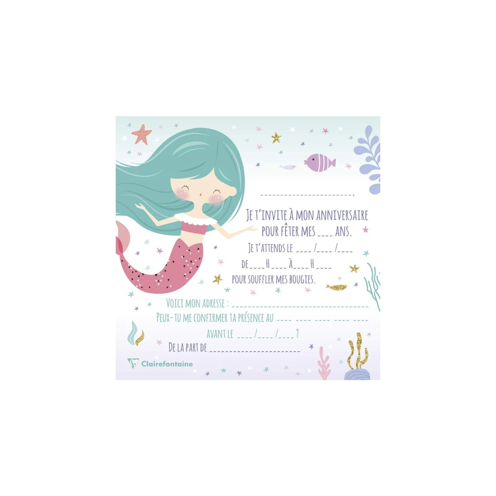 CLAIREFONTAINE Mermaid Children's Birthday Invitation Cards and Envelopes