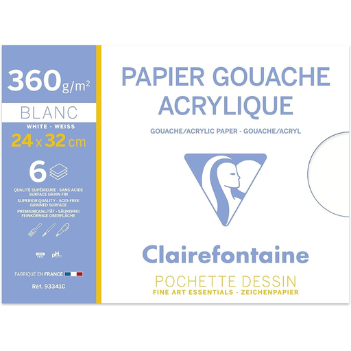 [3329680933413] CLAIREFONTAINE Pasta Gouache & Acrylique 24x32 6 folhas 360 g
