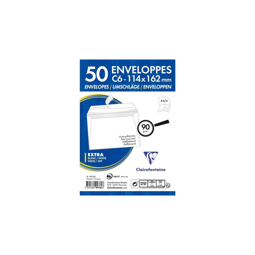 [3329680997606] CLAIREFONTAINE 50 White Envelopes C6 114x162mm Self-adhesive