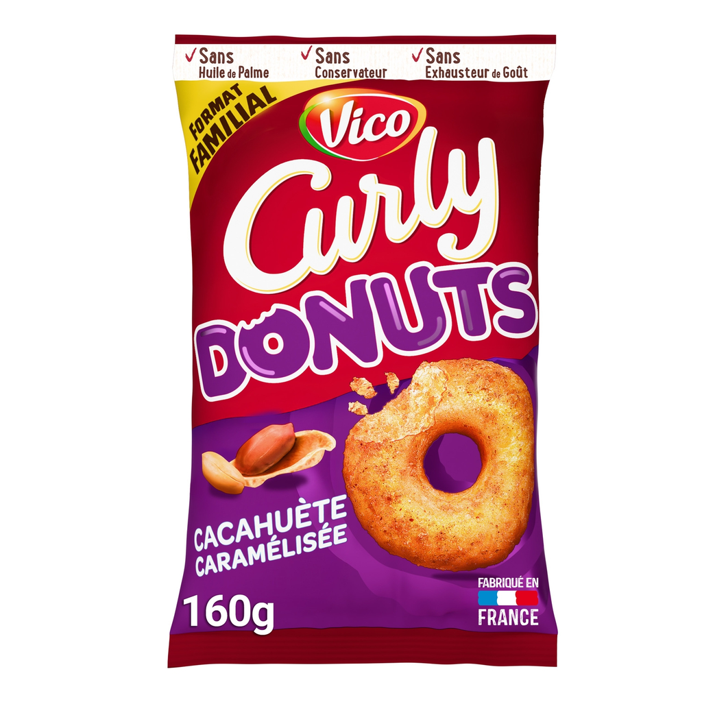 CURLY Biscuits Apéritifs Donuts Soufflés Cacahuète Caramélisée 160 g