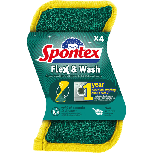 [3384120032415] SPONTEX Flex & Wash multi-purpose microfiber sponge, pack of 4 sponges