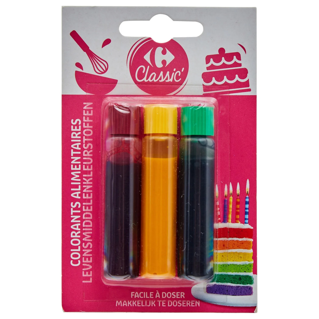 CARREFOUR CLASSIC Corante Alimentar Líquido Verde Vermelho e Amarelo 3 frascos de 6 ml