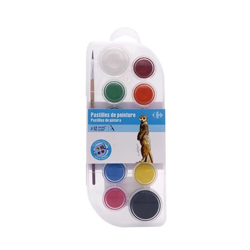 [3608141883680] CARREFOUR Pintura à base de água em pastilhas 12 cores com tampa palete, caixa de 12 pastilhas + 1 pincel