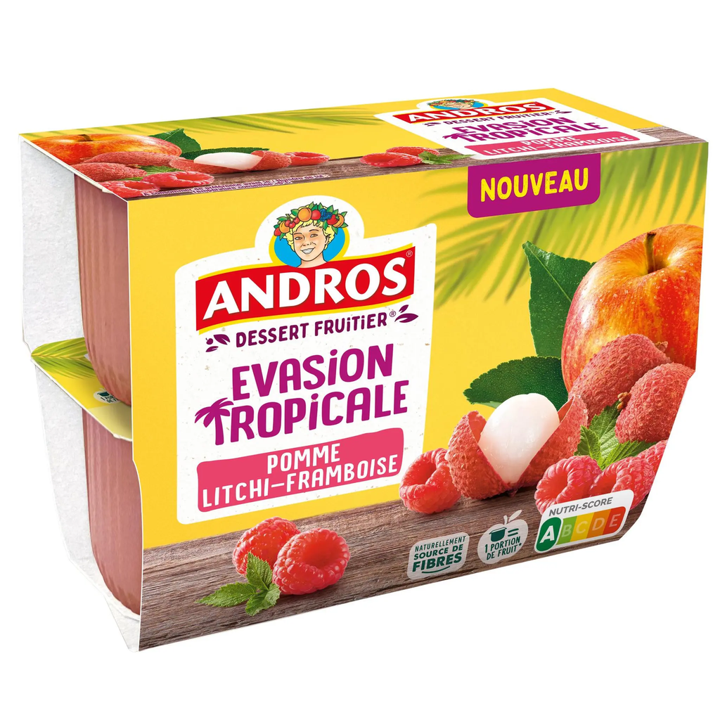ANDROS Dessert Fruitier Évasion Tropicale Pomme Litchi-Framboise 4x97g