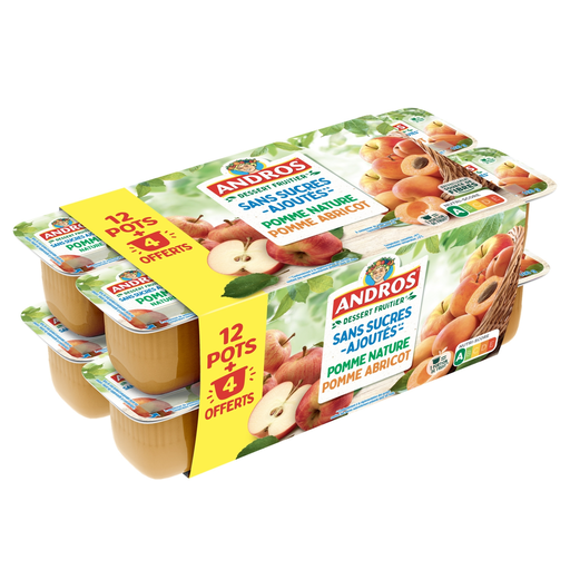 [3608580966708] ANDROS Apple and Apple-Apricot Fruit Dessert No Added Sugar 16 pots of 100 g