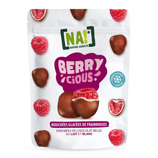 [3609200000536] NATURE ADDICTS Framboises surgelées enrobées chocolat blanc et lait 100 g
