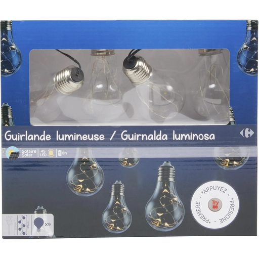[3614614519345] CARREFOUR Solar Garden String Lights Outdoor 3.7m 9 Filament Bulbs White, per unit