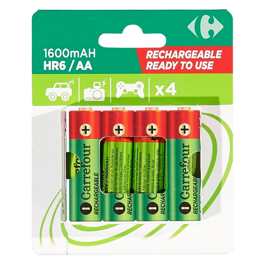 CARREFOUR Pilas recargables AA/HR6 1600mAh 1,2V lote de 4 pilas