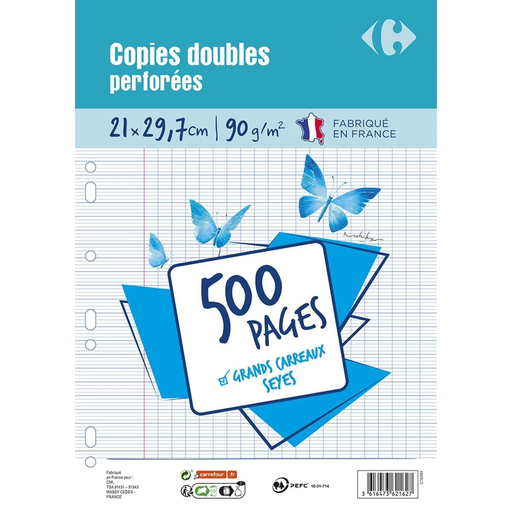[3616473621627] CARREFOUR Punched double sheets 21x29.7cm Large squares 500 sheets pack
