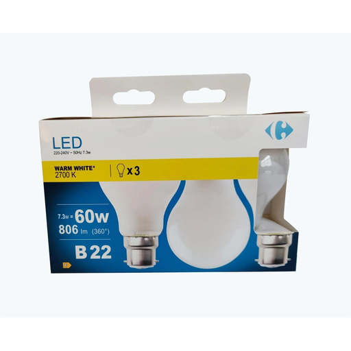[3616475617970] CARREFOUR LED Bulb B22 Standard Warm White 60W pack of 3 bulbs