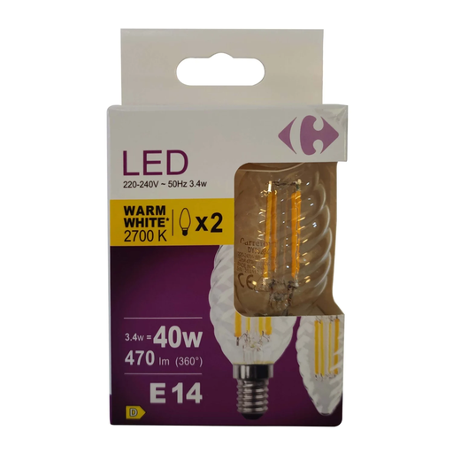 [3616475618014] CARREFOUR LED Bulb E14 Twisted Flame Warm White 40W pack of 2
