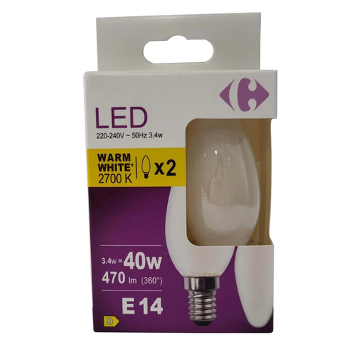 [3616475618083] CARREFOUR LED Bulb E14 Flame Warm White 40W pack of 2 bulbs