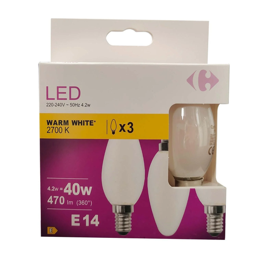 [3616475618106] CARREFOUR LED Bulb E14 Flame Warm White 40W pack of 3