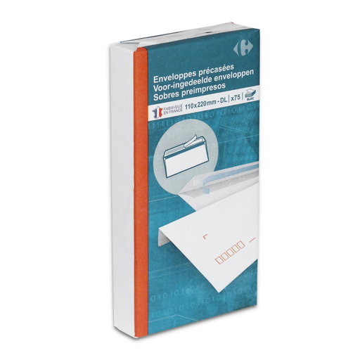 [3616479198000] CARREFOUR Windowless pre-creased self-adhesive envelope 11 x 22cm 80g pack of 75