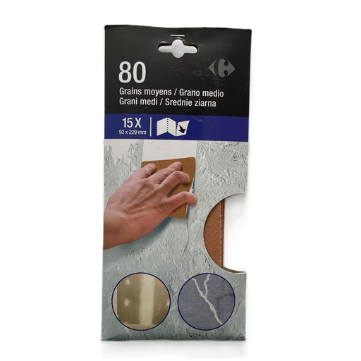 [3616952915551] CARREFOUR Papier abrasif Silex 92x230mm Grains moyens le lot de 15