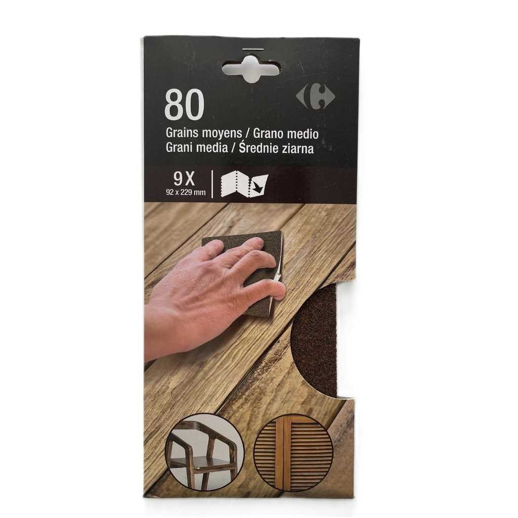 CARREFOUR Papel de lixa de corindo 92x230mm Grão médio lote de 9