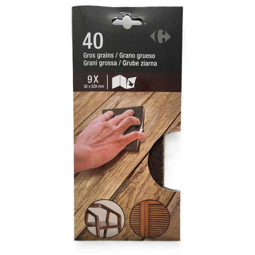 [3616952915605] CARREFOUR Papier abrasif Corindon 92x230mm Gros grains, le lot de 9