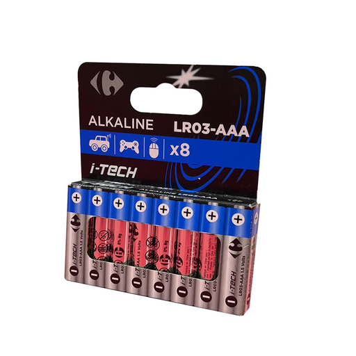 [3616957792546] CARREFOUR Alkaline Batteries LR03-AAA 1.5V I-Tech, pack of 8 batteries