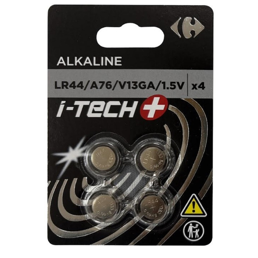 [3616959347485] CARREFOUR Pilha Alcalina LR44 / A76 / V13GA / 1,5V I-TECH+ pack de 4 pilhas