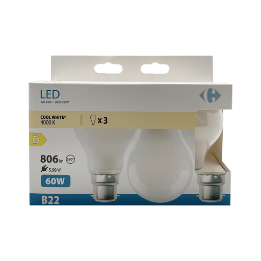 [3617702189086] CARREFOUR LED Bulb STD 60W B22 pack of 3