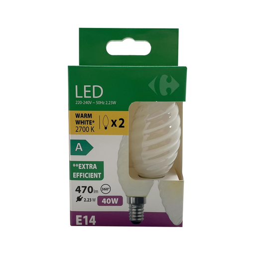 [3617702189109] CARREFOUR LED Flame Bulb 40W E14 Warm White, pack of 2