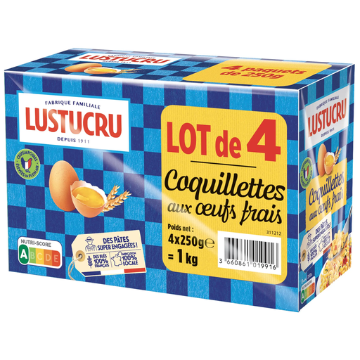 [3660861019916] LUSTUCRU Pasta al huevo coquillettes 4 cajas de 250 g
