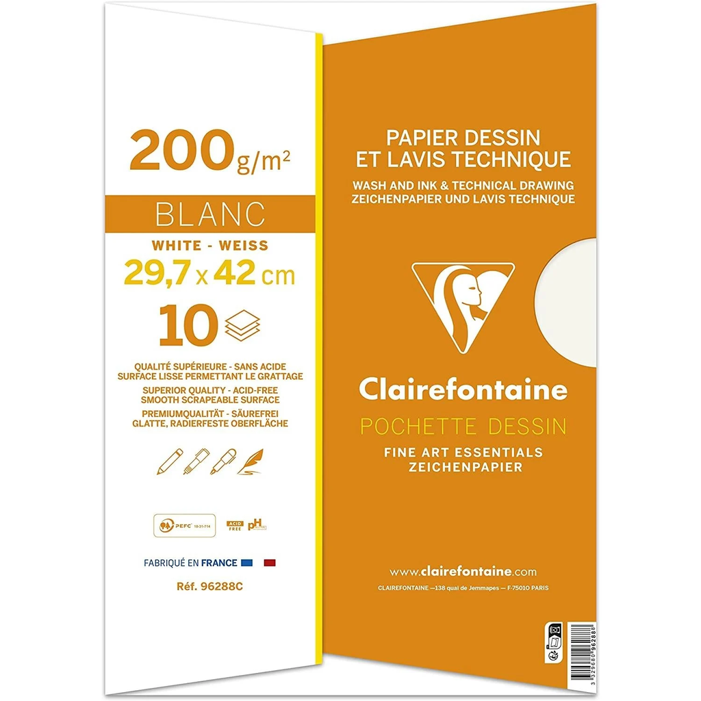 CLAIREFONTAINE Pochette Papier Dessin & Lavis Technique 29,7x42cm 10 Feuilles (Lot de 10)