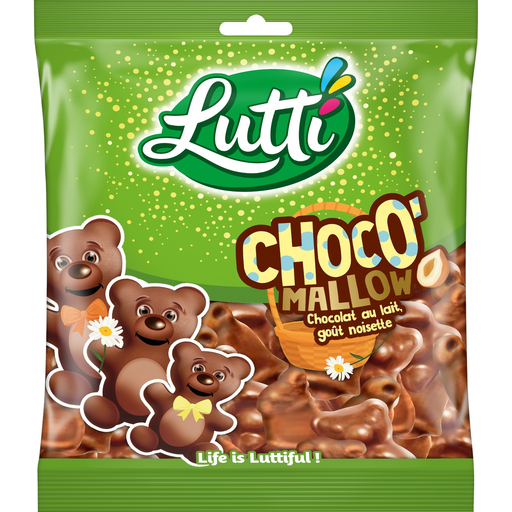 [3664346353977] LUTTI Guimauves enrobées de chocolat au lait goût noisette Chocomallow 250 g