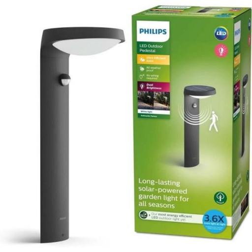 [3666749597897] PHILIPS TYLA Solar Bollard Energy Class A, Motion Sensor, up to 250 lm, IP44 Anthracite