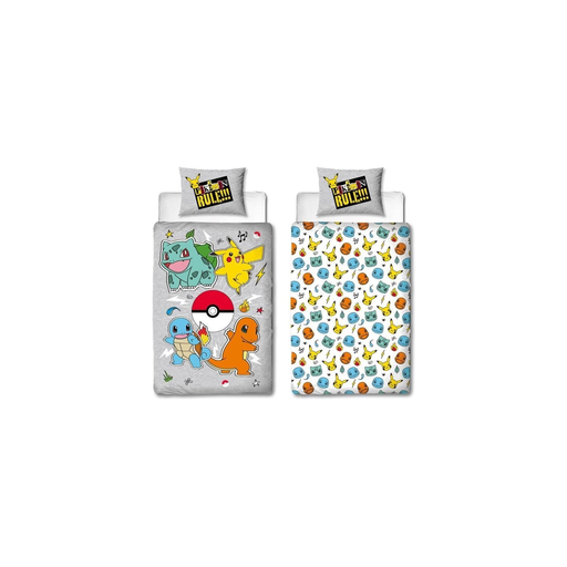 [3700891712187] POKEMON Reversible Bedding Set Pikachu and Starter Grey Microfibre 140x200cm + 63x63cm