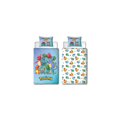 [3700891712194] POKEMON Parure de lit réversible Pikachu et Starter Bleu Microfibre 140x200cm + 1 taie 63x63cm