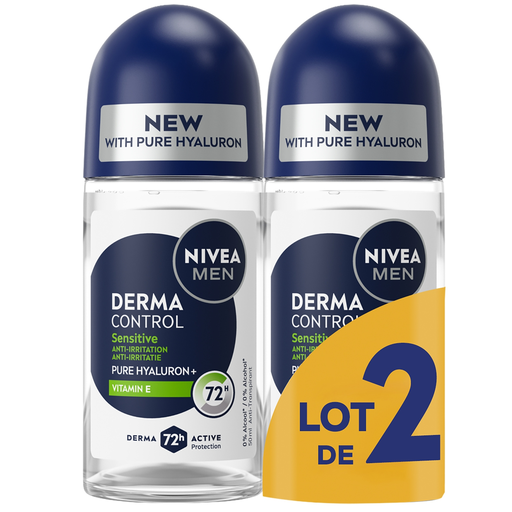 [4006000245324] NIVEA Desodorante Roll-on Derma Control Sensitive Anti-Irritación Pure Hyaluron+ Vitamina E 72H Active 2x50 ml