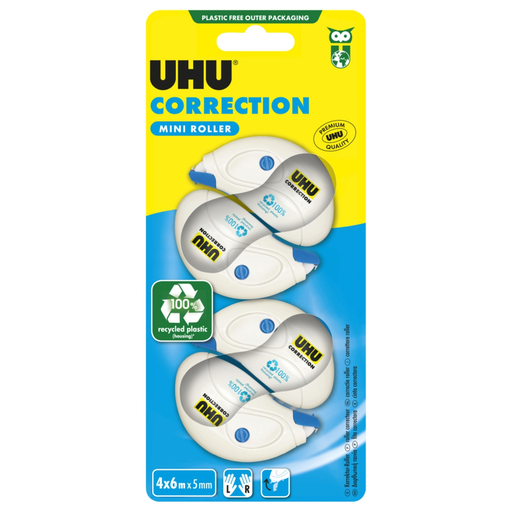 [4026700343458] UHU Correcteur blanc ruban Mini Roller 6mx5mm le pack de 4
