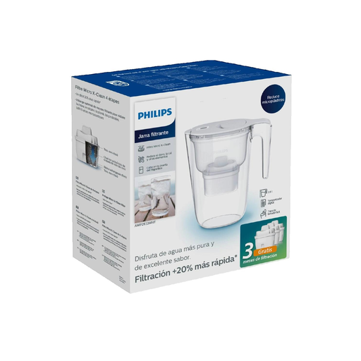 [4895244605335] PHILIPS Carafe filtrante blanche avec 3 filtres Microfiltration et timer PHAWP2933WHT3/24 2,6 L