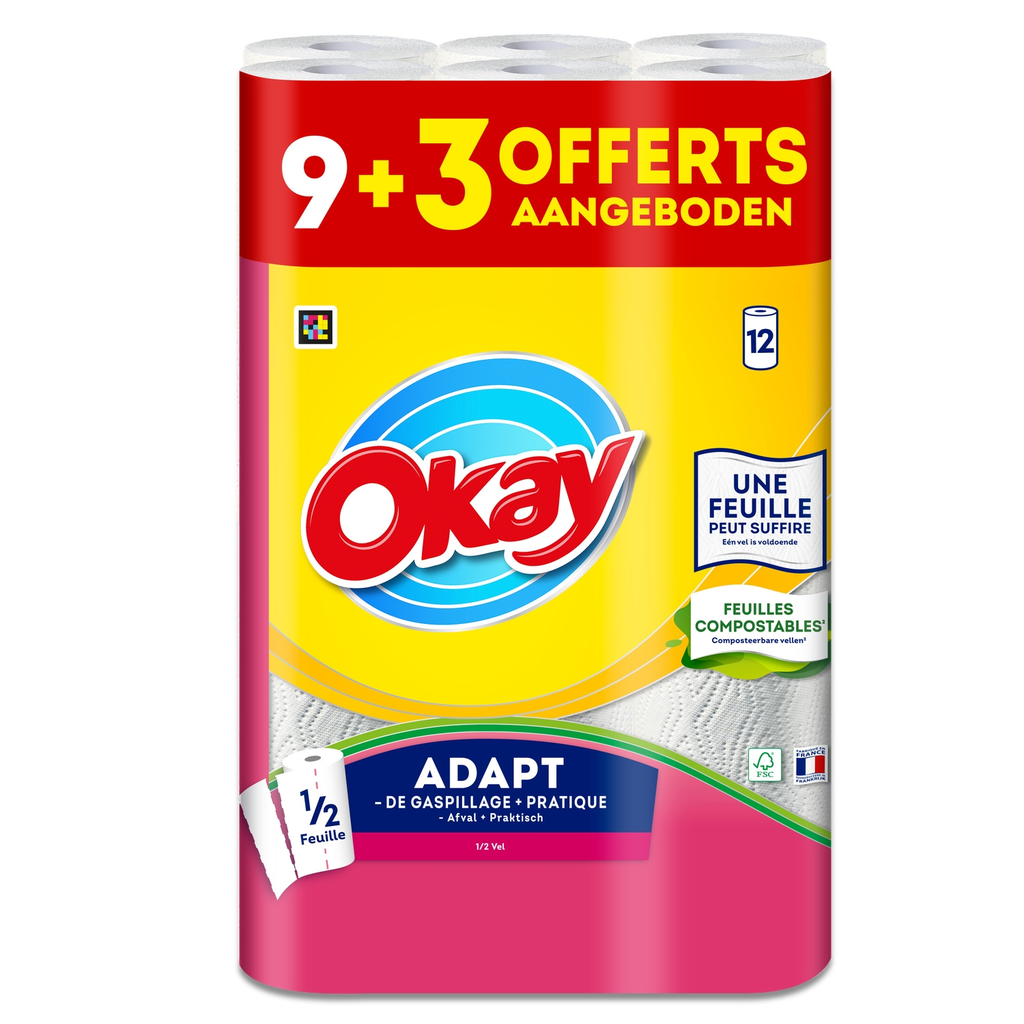 OKAY Adapt' Papel de cocina blanco medias hojas 12 rollos