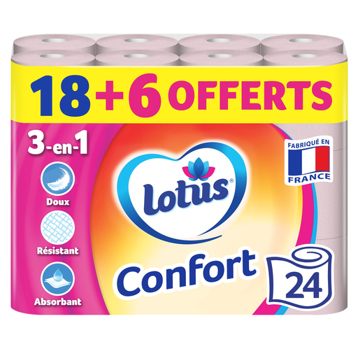 [7322541076270] LOTUS Papier Toilette Confort Rose 24 Rouleaux (18+6)