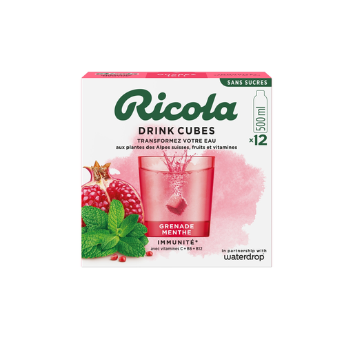 [7610700026366] RICOLA Preparado para bebida cubo efervescente granada y menta 12 x 50 cl