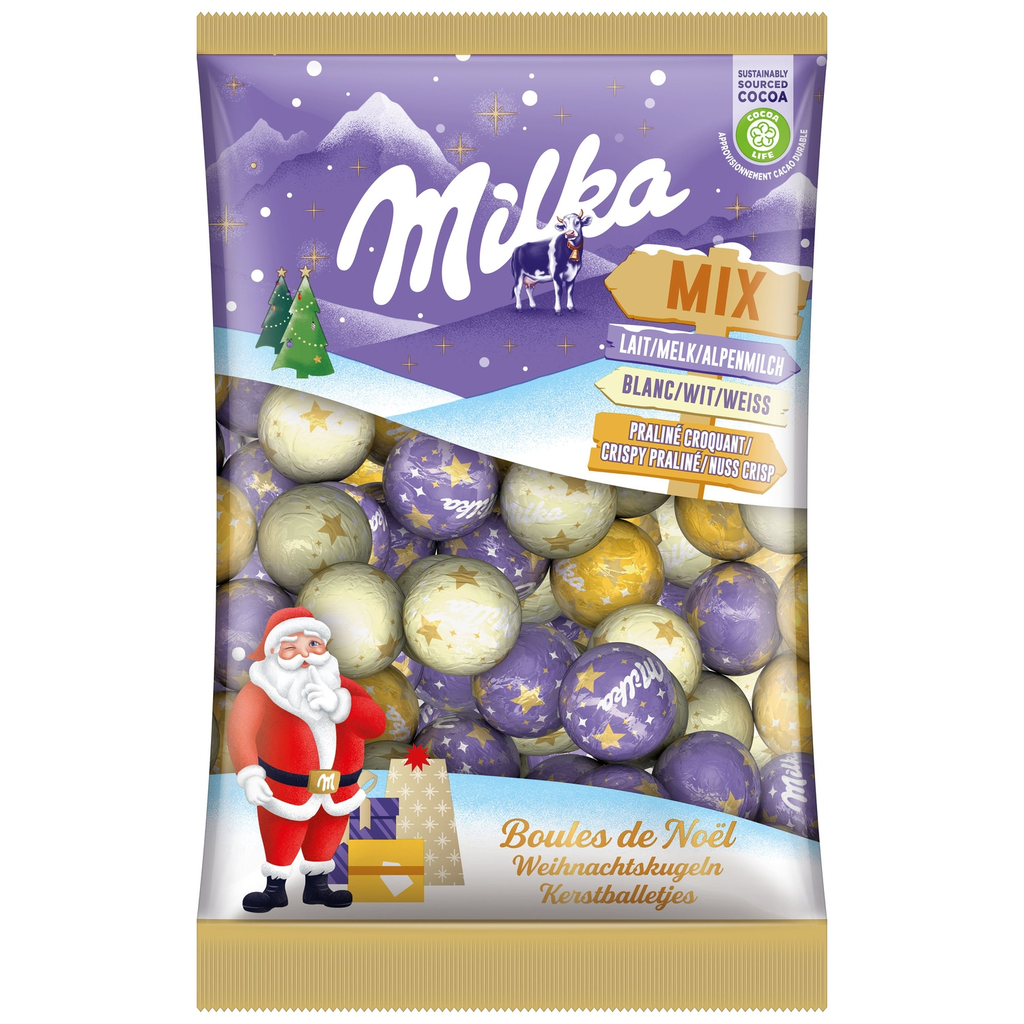 MILKA Sortido de Chocolates Leite, Branco e Praliné Bolas de Natal 350 g