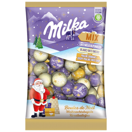 [7622201759254] MILKA Surtido de Chocolates Leche, Blanco y Praliné Bolas de Navidad 350 g