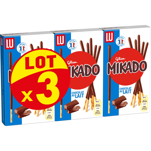 [7622202030444] MIKADO Biscuits bâtonnets nappés au chocolat au lait 3 boites de 100 g
