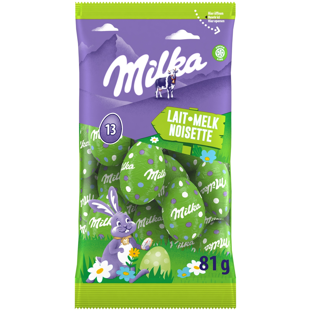 MILKA Ovos pequenos revestidos de chocolate de leite recheados com praliné de avelã 81 g